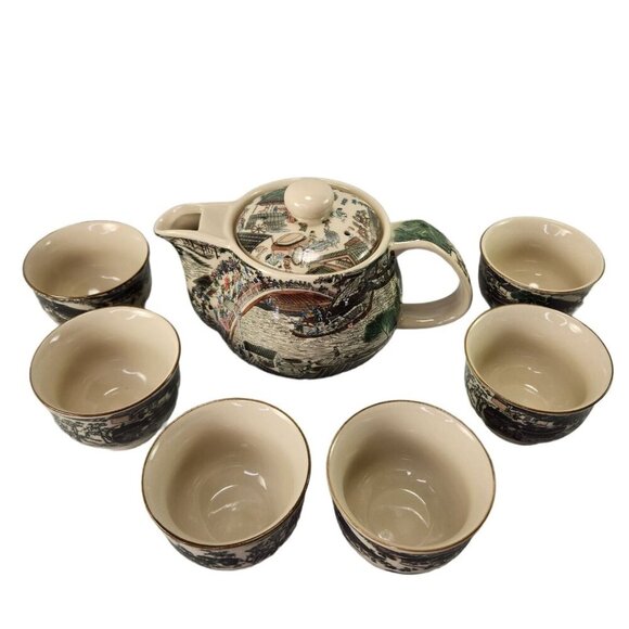Japanese Sake Set Teapot 6 Cups Tea Pot Infuser‎ Xinag Long Art Ceramic Vtg READ
